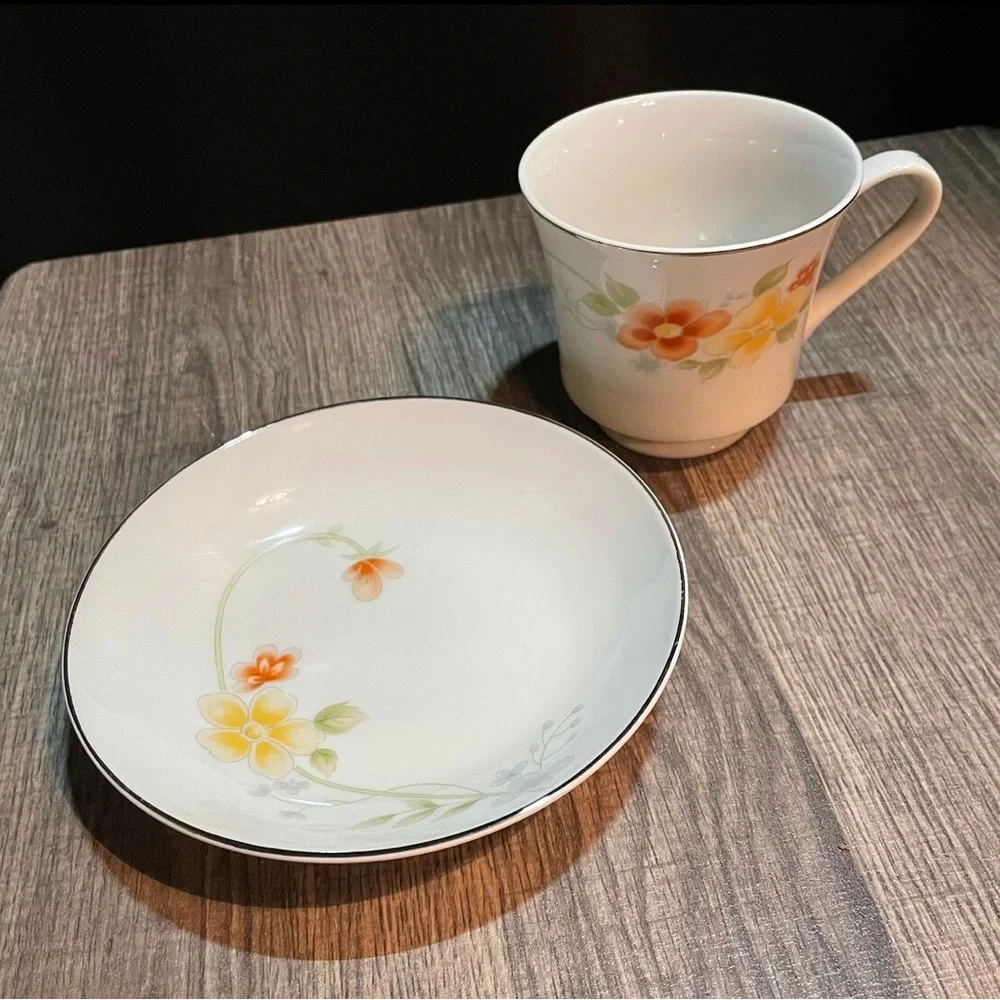Teacup with Saucer Orange and Yellow Flowers